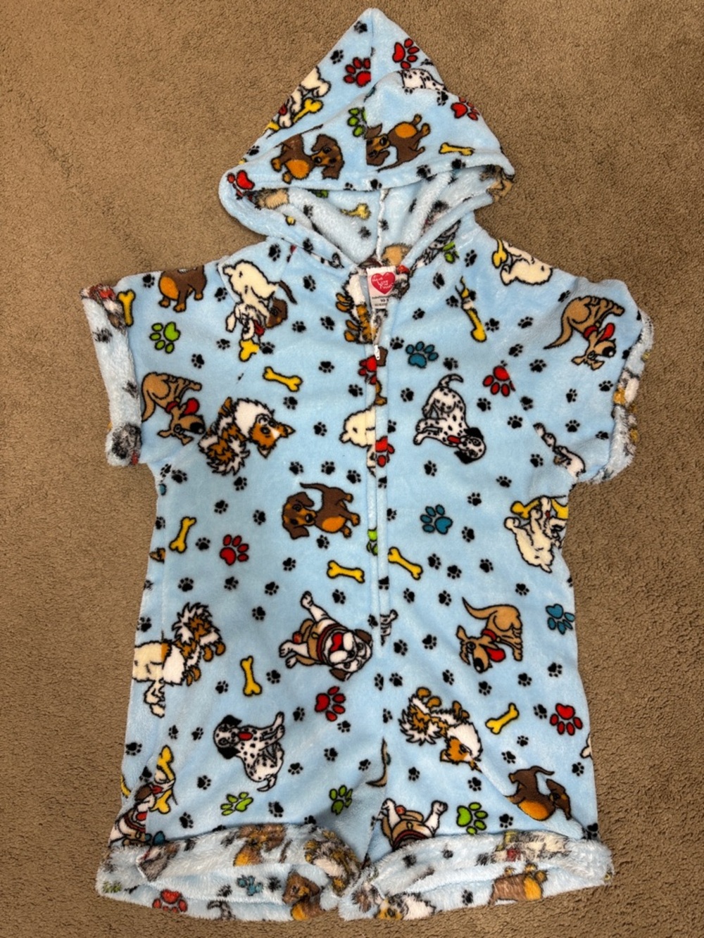 Kids Fleece Hooded Pajama Romper - Blue Puppy Print